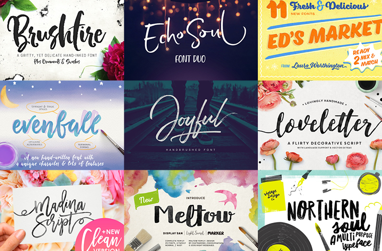 A collection of brush script fonts and typefaces for all of your graphic design, DIY, or blogging projects. Most of these fonts families are under $20 and come with swashes, alternate ligatures and extras! // Roundup from MichelleHickey.Design